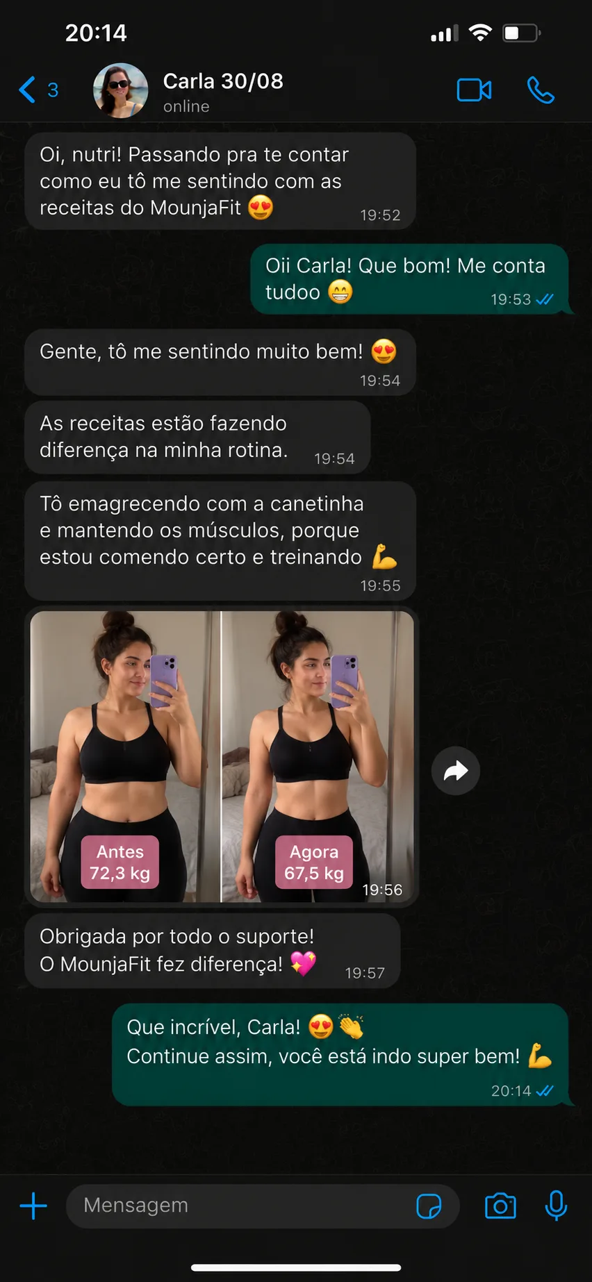 Conversa de WhatsApp da Carla com a Flávia contando que está emagrecendo com a canetinha e mantendo os músculos com as receitas do MounjaFit